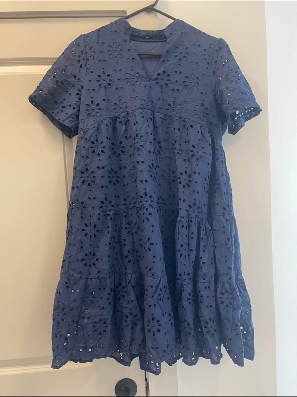 Navy Eyelet Tiered Mini Dress